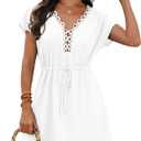 CiCiBird Womens Swimsuit Coverup Lace Crochet V Neck Cover Up Short Sleeve Beach Dress for Swimwear (Medium)