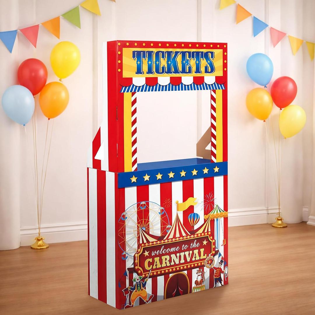 3D Carnival Circus Theme Ticket Booth, Cardboard Circus Ticket Booth Stand with a 7 Liter Water Weight Bag (No Water), Carnival Photo Prop Decorative Sign for Party Decorations Outdoor