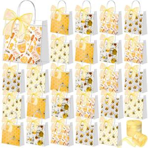 Hosuly 50 Pcs Bee Clear Plastic Gift Bags with Handles Honey Bee Goodie Treat Bags for Birthday Party Favors Candy Snack Baby Shower Gender Reveal Decoration, 7.87 X 7.87 x 3.15 inches