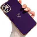 ZTOFERA Designed for iPhone 12 Case 6.1 inch,Cute Plating Edge Love Hearts Pattern with Camera Lens Protection Phone Cover for Girls Women,Dark Violet