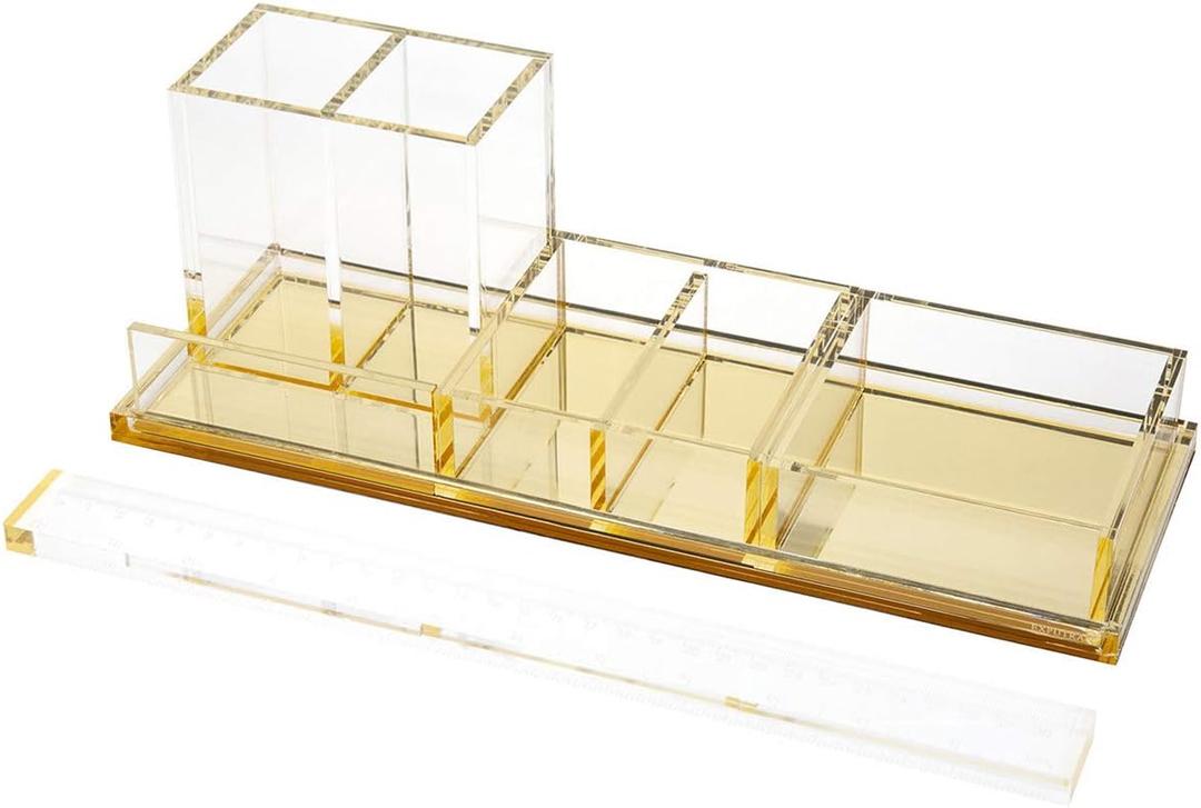 Acrylic Desk Organizer 4-Piece Desk Kit + Free Complimentary Acrylic Ruler, Desktop Organization for Office or Home (Gold)