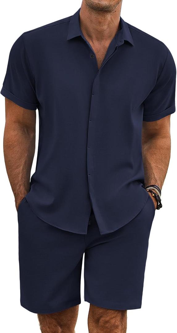 COOFANDY Men's Summer Beach Outfits 2 Piece Short Sleeve Shirts and Shorts Vacation Texture Linen Sets for Men (Blue)