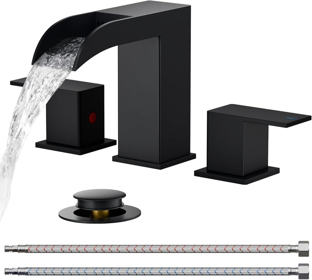 FORIOUS Matte Black Bathroom Faucets 3 Hole, 8 Inch Widespread Square Waterfall Bathroom Sink Faucet with Metal Pop-up Drain and cUPC Supply Lines, Two Handles for Vanity, Restroom, Commercial