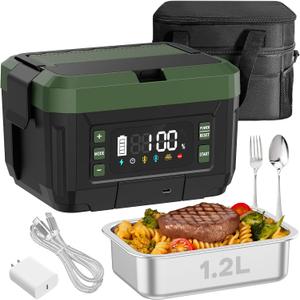 Cordless Electric Lunch Box for Adults  1.2L Stainless Steel Self-Heating Lunch Box with 20000mAh Removable Rechargeable Battery, Portable Heated Food Warmer for Work, Travel & Office (Black&Green)