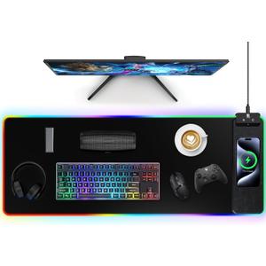 Mouse Pad with Wireless Charging, Large Desk Mat RGB Gaming Mousepad, 10 Light Colors LED Gaming Pad Keyboard Pad with Ultra-Smooth Surface & Non-Slip Rubber Base, Waterproof Full Desk Mouse Pad