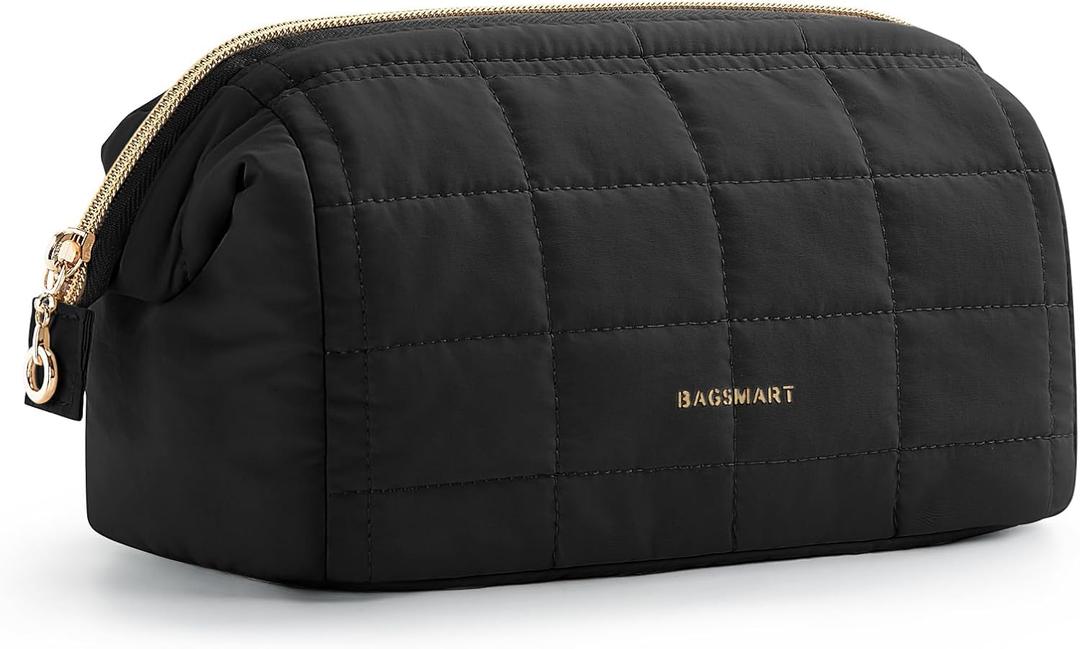 BAGSMART Makeup Bag Travel Toiletry Bag, Puffy Padded Make Up Bags for Women Makeup Organizer Case, Wide-open Pouch Purse Travel Essentials Toiletries Accessories Brushes, Black (EXP 07/10/26)