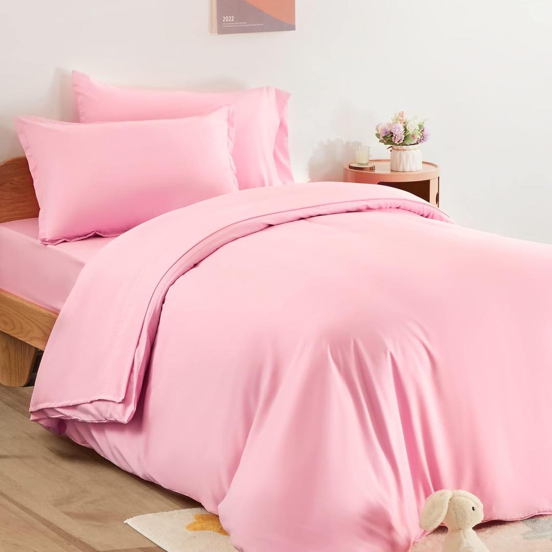 SLEEP ZONE Kids Duvet Cover Set Twin Size 2 Pieces - Super Soft & Cute Comforter Cover with 1 Pillow Sham, Easy Care Zipper Closure (Ballet Pink, Twin)