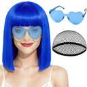 PLULON Blue Bob Wig with Bangs, Short Straight Bob Wig with Heart Sunglasses 12 Inch Shoulder Length Heat Resistant Synthetic Hair for Women Natural Look Daily Use Cosplay Halloween Costume Party