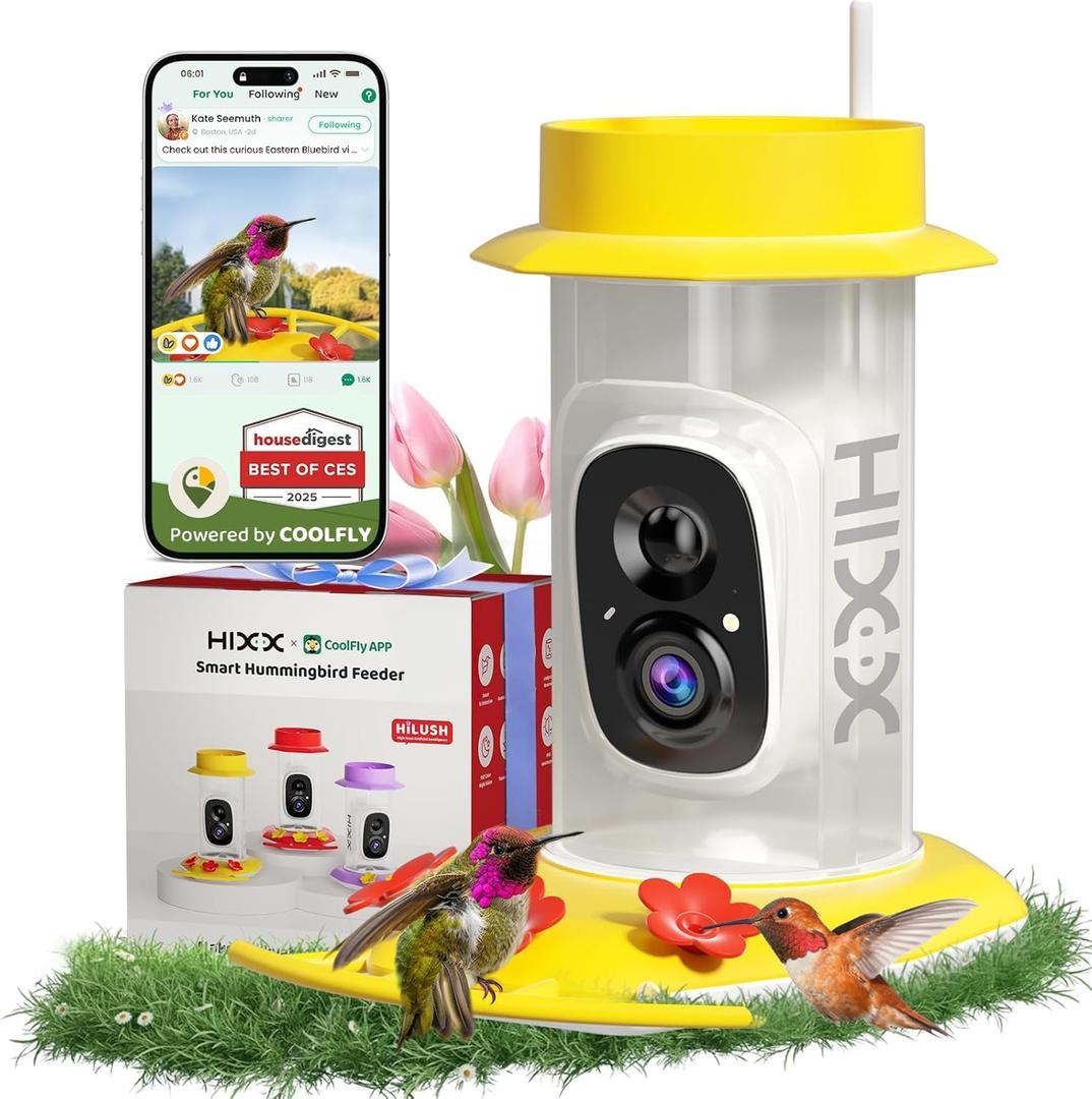 HIXX Smart Hummingbird Feeder with Camera Solar Powered, with Ant Moat & Bee Proof AI Bird Recognition, Easy Clean & Refill, with Coolfly Birdwatching APP, Ideal Gifts for Hummingbird Lover (17.5 oz)