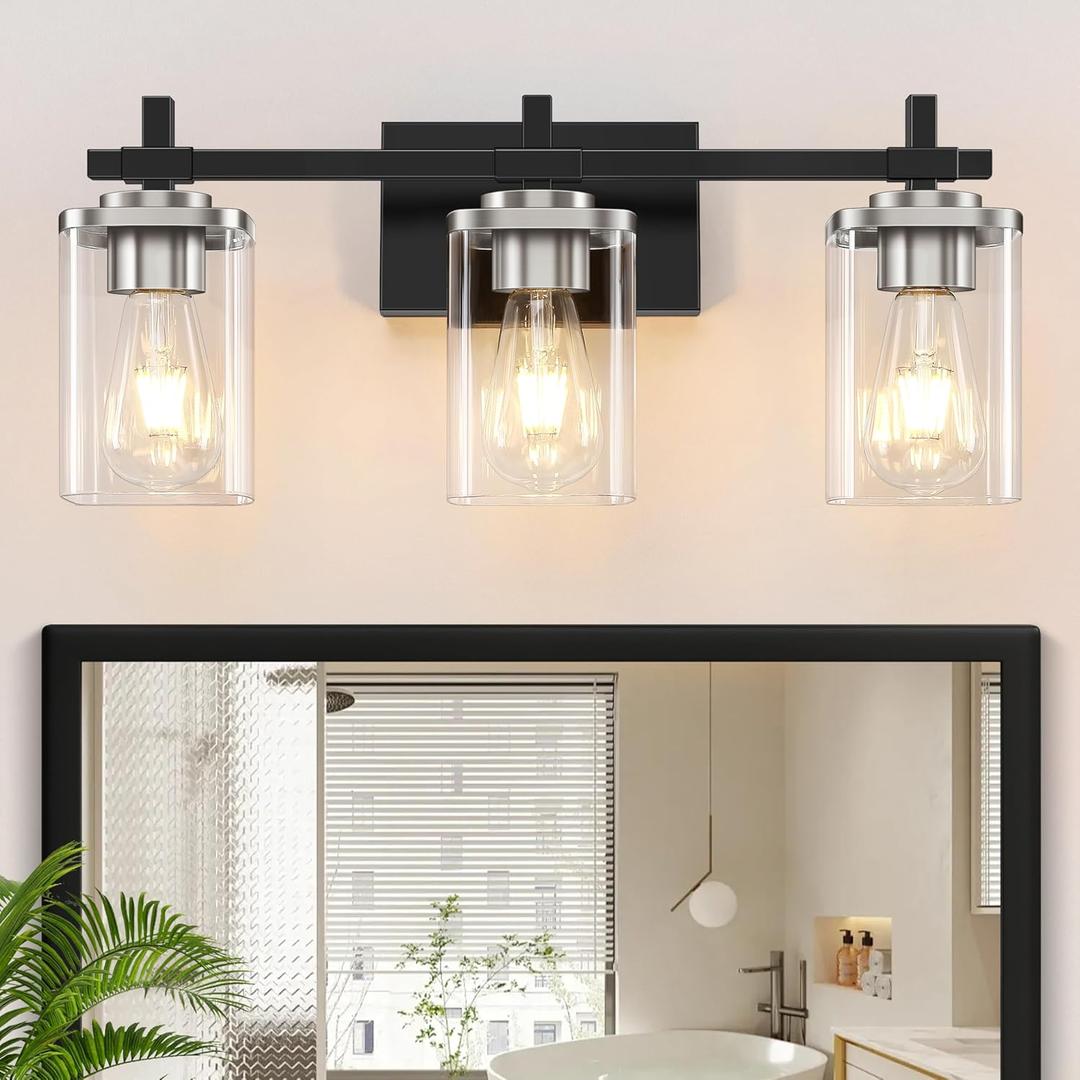 3-Lights Black and Brushed Nickel Bathroom Light Fixtures, Modern Black and Nickel Vanity Light with Clear Glass Shade, Wall Mount Lights Over Mirror for Bedroom Hallway Living Room
