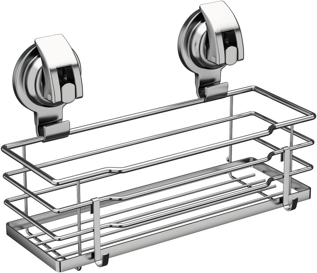 Suction Cup Shower Caddy, Shower Shelf Soap Dish with Hooks for Razor, Sponge, Rust Proof 304 Stainless Steel, Silver