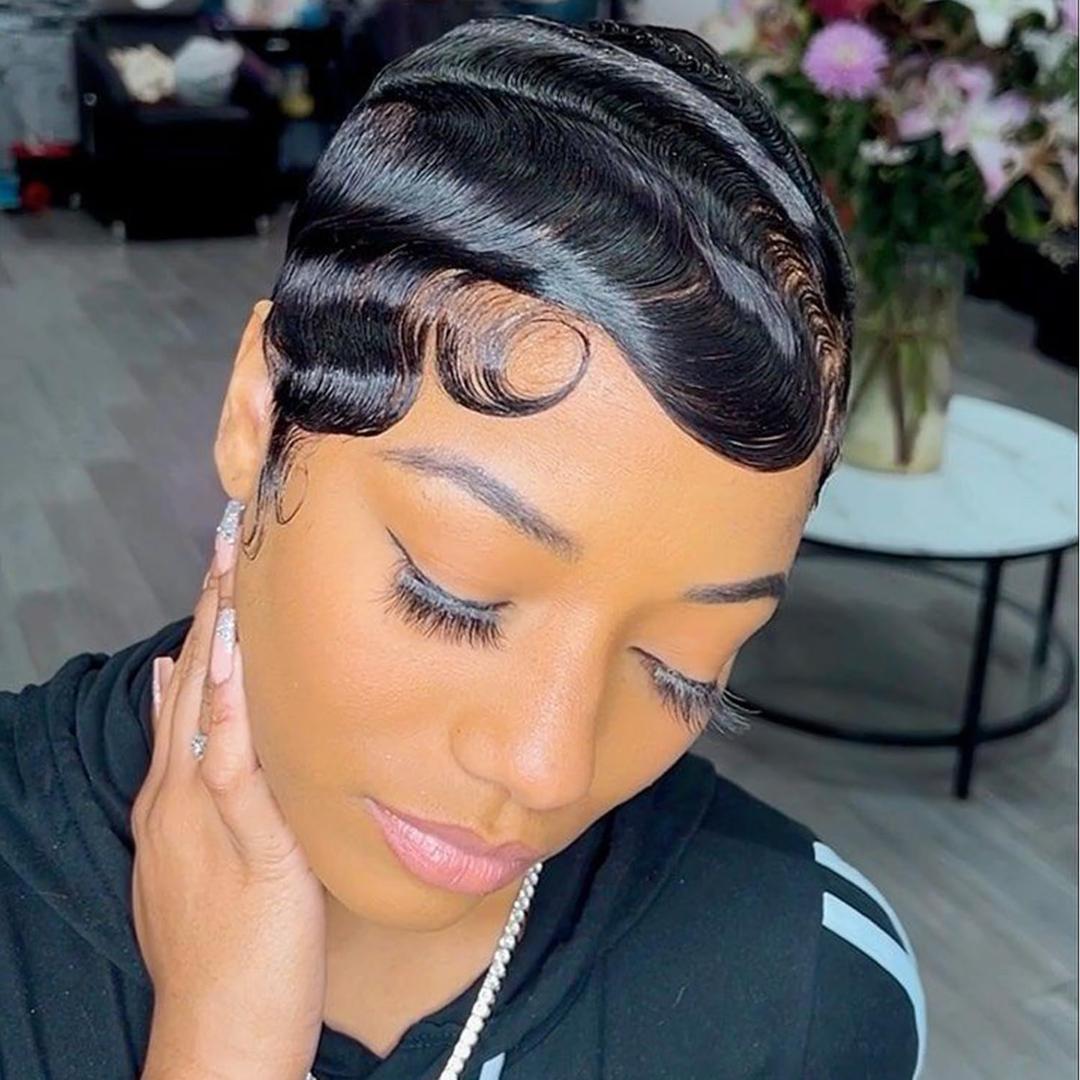 Finger Ocean Pixie Cut Wig Human Hair for Black Women Brazilian Finger Ocean Wave Wig None Lace Front Full Machine Made Short Layered Pixie Cut Wig Curly Summer Hairstyle 1B Color (Black Color)