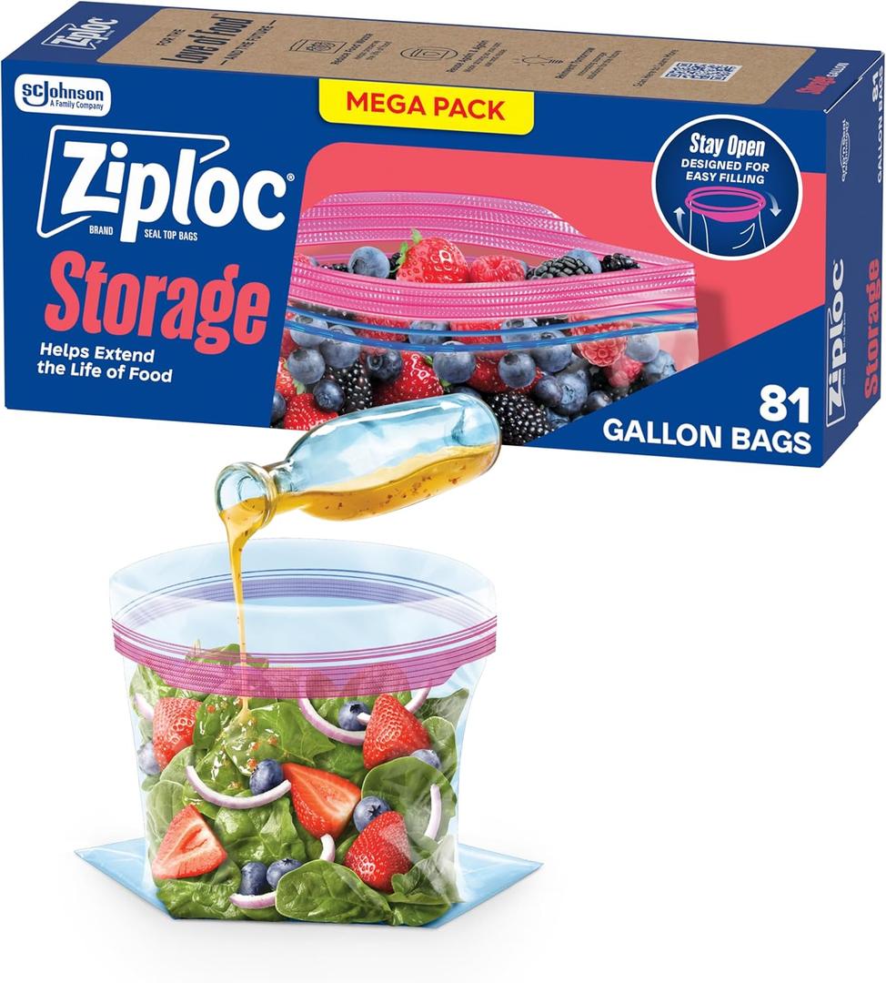 Ziploc Gallon Food Storage Bags, Stand-Up Bottom, Easy to Fill, 81 Count