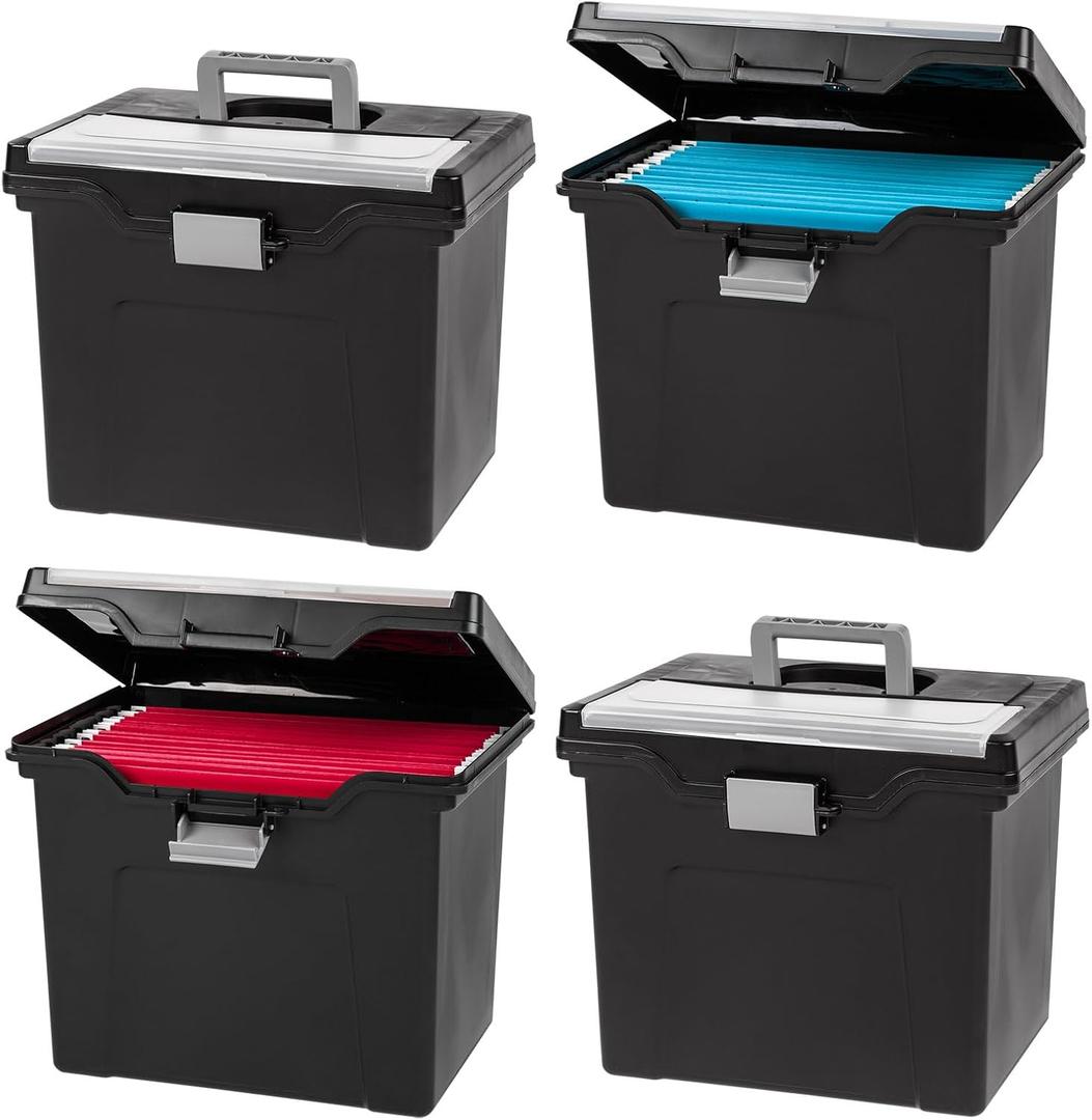 IRIS USA File Box with Lid File Organizer for Letter File w/Organizer-Lid, Water Resistant Document Box, Plastic Mobile Filing Organizer, Secure Buckle, Portable Handle, Lockable, Black 4 Pack