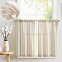 jinchan Taupe Striped Linen Kitchen Curtains 24 Inch Cafe Tier Curtains Balanced Stripe Farmhouse Small Drapes for Bathroom Laundry Over Sink Half Window Light Filtering 2 Panels Tan on Linen