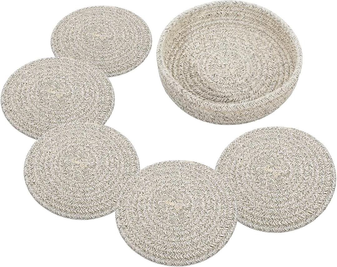 5 Set of Round Woven Cotton-Polyester Placemats, Heat Resistant Anti Slip Durable Mats for Dining Kitchen Table, Beige