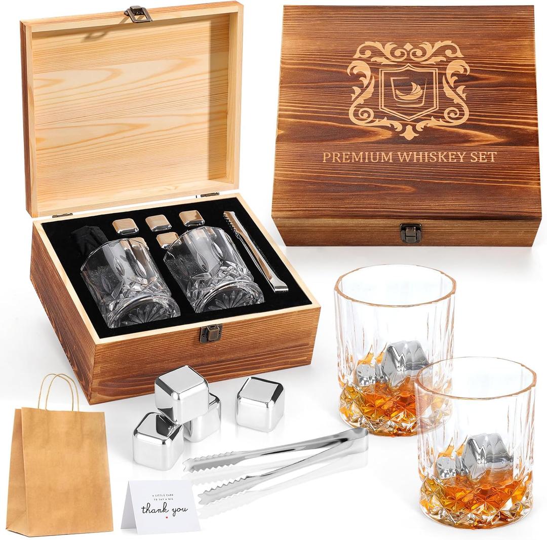 Whiskey Glasses Set, Men Chrismas Birthday Gift Set, Whiskey Stones Bourbon Rock Glass with Wooden Gift Box, Cool Burbon Scotch Cocktail Set Gifts (Stainless Steel)