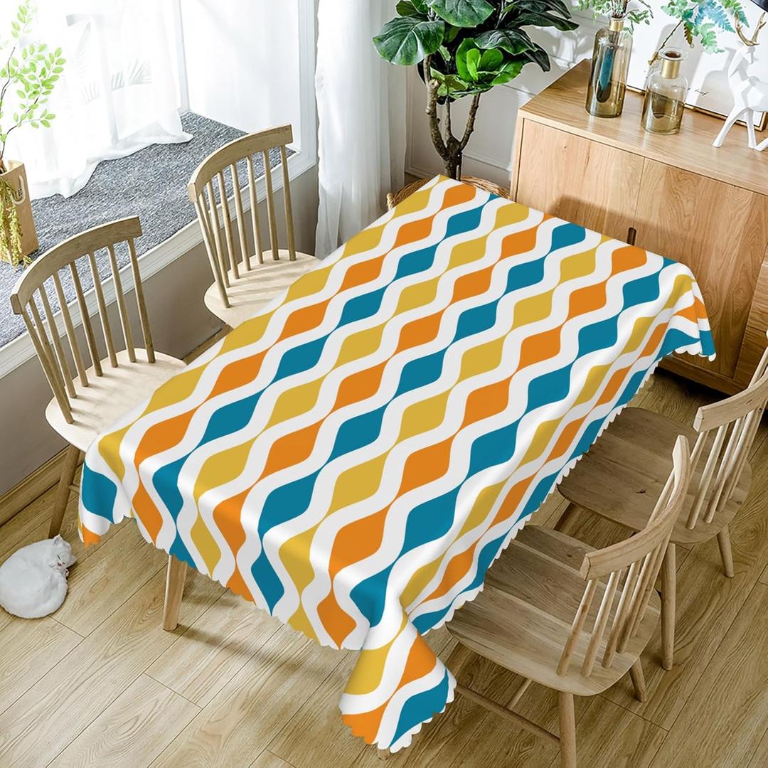 DORCEV Mid Century Wavy Lines Rectangle Tablecloth Blue Orange Yellow Turquoise Geometric Stripe Waterproof Table Cloth Abstract Art Table Cover for Dining Room Cafe Indoor Outdoor Decor,52x70 Inch