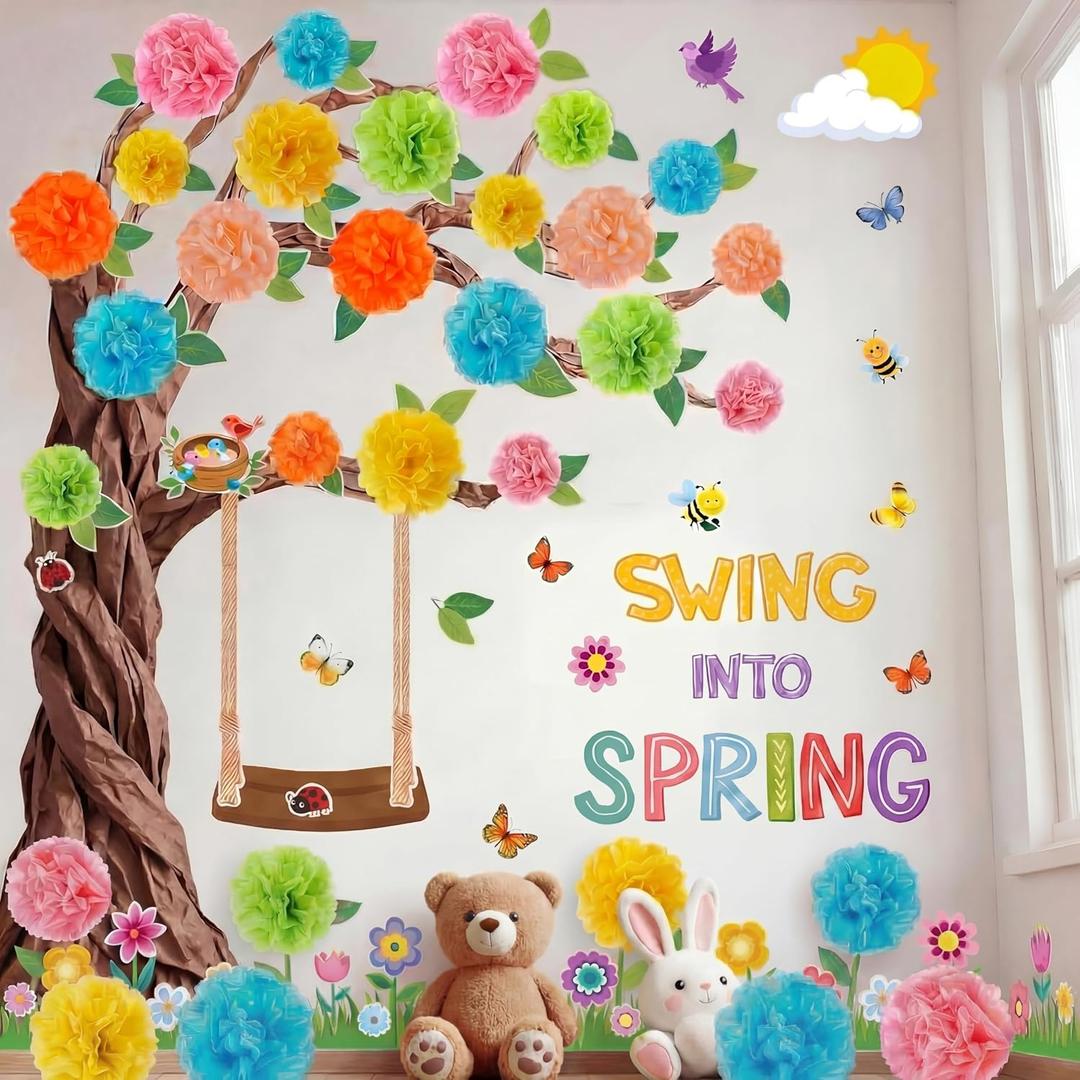 Pajean 72 Pieces Spring Tree Bulletin Board Set, DIY 3D Classroom Tree Kit with Pom Poms Flower Kraft Paper Swing into Spring Cutouts for Back to School Elementary Teacher Home Wall Chalkboard Decor