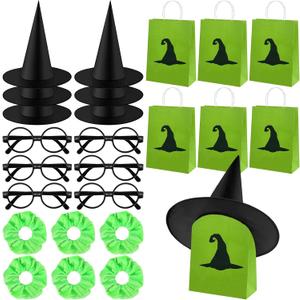 24 Pcs Halloween Pink and Green Party Favors Include 6 Black Wizard Hats 6 Green Goodie Bags 6 Black Round Frame Glasses 6 Scrunchies for Halloween Witch Birthday Party Supplies