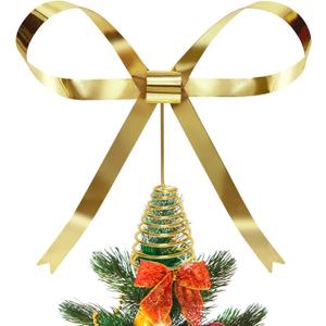 HMASYO Christmas Tree Topper Bow, 10.5 Inch Large Gold Metal Bow Tree Topper with Spiral Base for Holiday Xmas Party Christmas Tree Top Decorations (Gold)