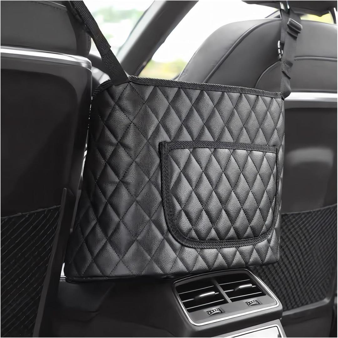 Car Purse Holder Between Seats, Large Capacity Leather Auto Front Seat Handbag Organizer Pocket, Backseat Barrier Storage Bag for Kids Pet, Universal Interior Car Accessories