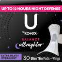 U by Kotex Balance Pads with Wings, Ultra Thin, Overnight, Extra Heavy Absorbency, 30 Count