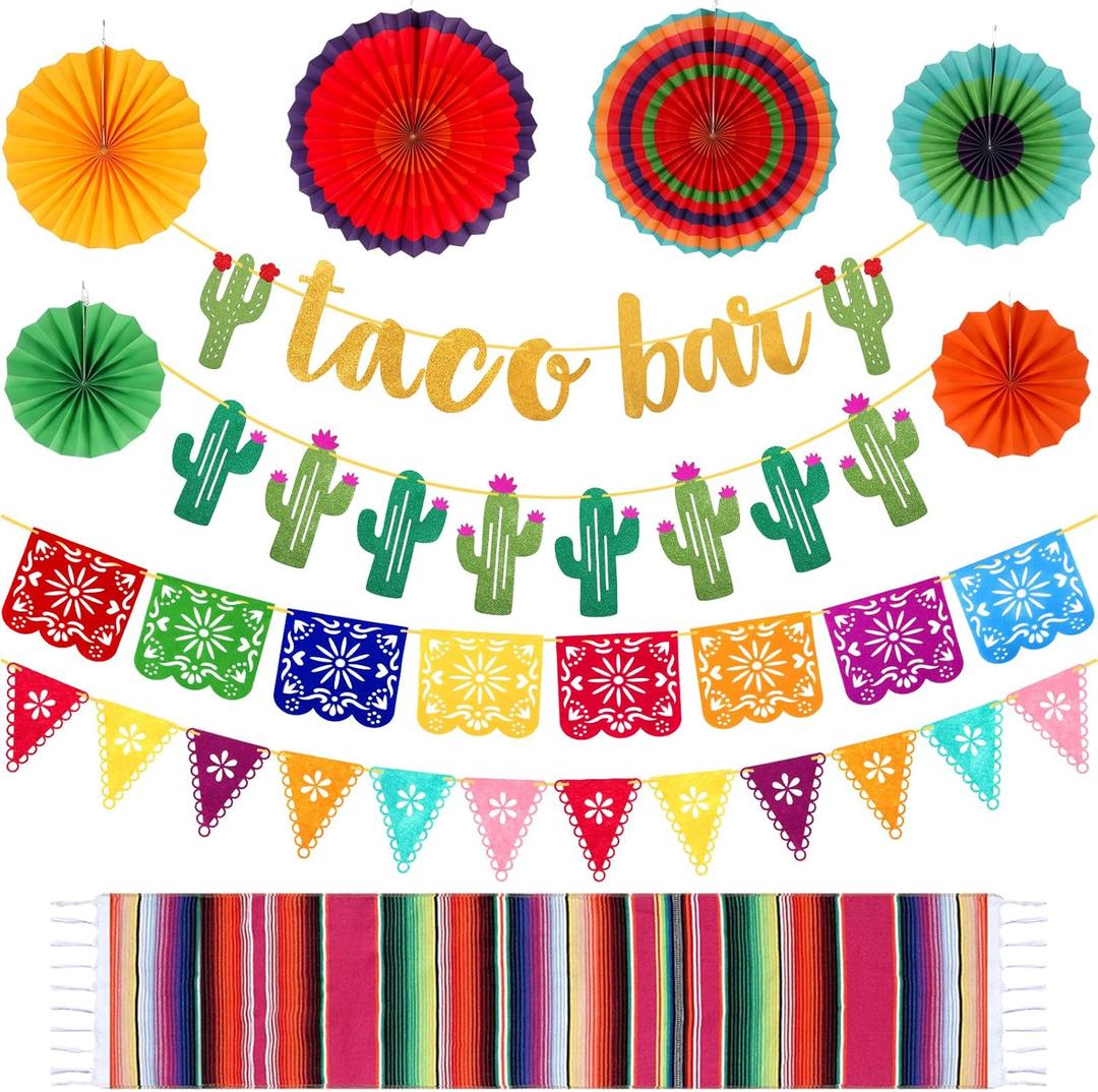 Tatuo 39 Pcs Cinco De Mayo Taco Bar Decoration Kit, Mexican Fiesta Party Decor, Taco Bar Cactus Banner Garland Serape Table Runner Fiesta Paper Fan Mexicano Picado Banner for Party Supplies (Rose Red)