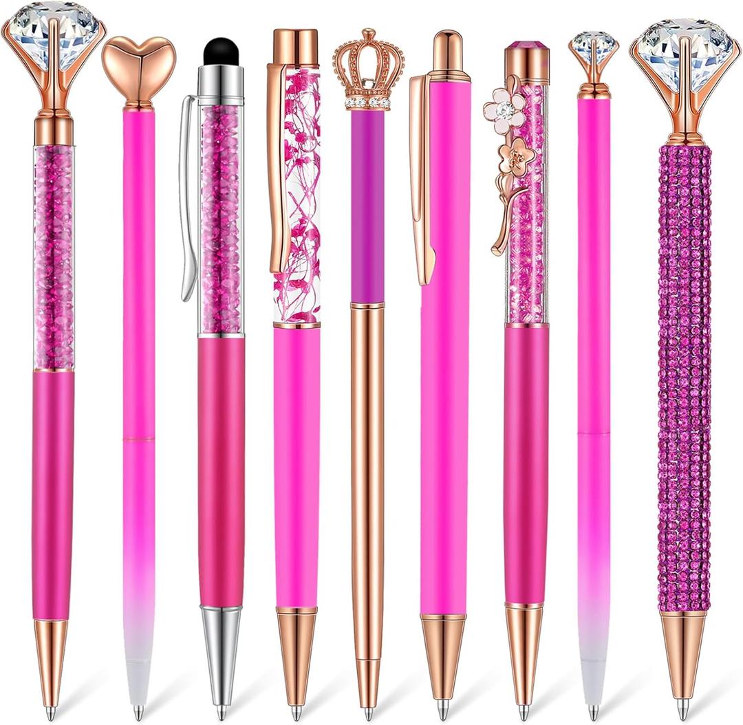Janmini 9 Pcs Ballpoint Pens Set Metal Crystal Diamond Glitter Pens for Journaling Black Ink Pretty Cute Things Fancy Stationery Gifts for Women Girls Birthday Home Office Desk(Fluorescent Pink)