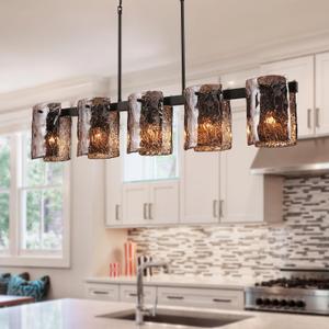 Modern Black Rectangle Chandeliers for Dining Room, with Smoke Grey Water Ripple Glass Shade, 40" Large Linear Adjustable Height Farmhouse Lighting Fixture for Kitchen, Living Room, (5-Lights)
