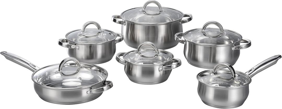 12-Piece Induction Ready Stainless Steel Cookware Sets with Glass Lid, Silver on Cookware Sets Stainless Steel