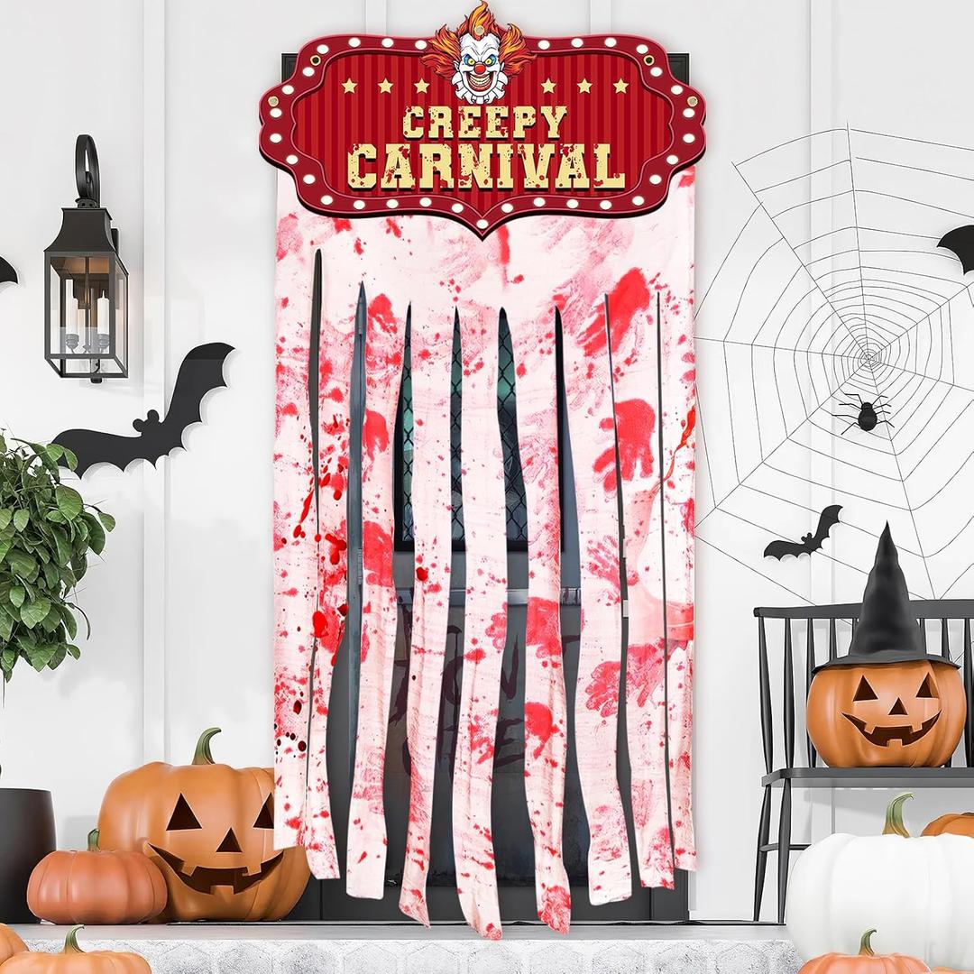 Halloween Bloody Doorway Curtain Creepy Carnival Decorations with Bloody Hand Prints Scary Clown Halloween Entrance Cloth Banner for haunted house Decor Horror Theme Party Circus Clown Back drop (Red)