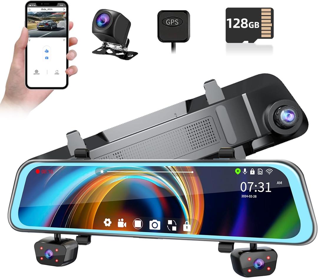 4 Channel Mirror Dash Cam, 360 Dash Camera FHD 1080P Front and Rear 12'' Full Touch Screen, Built-in WiFi, GPS, Parking Monitor, IR Night Vision with Free 128G Card