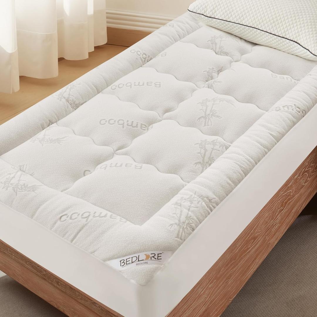 BEDLORE Twin XL Mattress Topper Viscose Derived from Bamboo, Thick Pillow Top Mattress Pad with Deep Pockets for 6-15 inches Mattress, Soft Mattress Topper College Dorm Size for Back Pain Relief