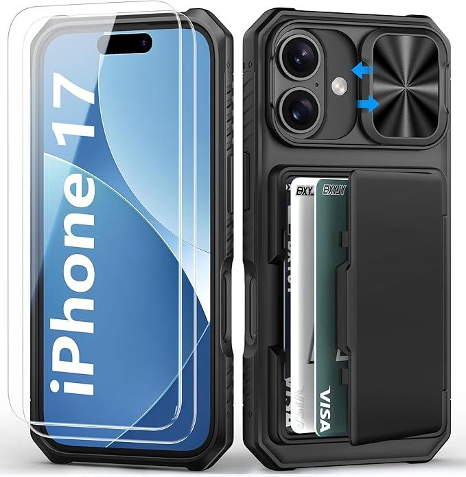 BXYJY for iPhone 17 Case Wallet with Screen Protector (Tempered Glass), Card Holder (45 Cards), Slide Camera Cover, Military Grade Drop, Heavy Duty Men Women Shockproof Case for iPhone 17, Black