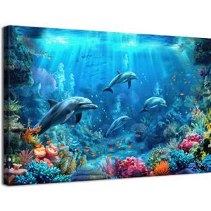 Blue Beach Bathroom Wall Decor Ocean Dolphin Wall Art Underwater World Coral Fish Pictures for Living Room Navy Seascape Photo Canvas Prints Coastal Sea Animal Artwork Bedroom Home Decorations 12x16