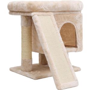 SYANDLVY Small Cat Tree for Indoor Large Cats, Kittens Condo with Scratching Post and Board, Modern Activity Tower with Cave (Beige)