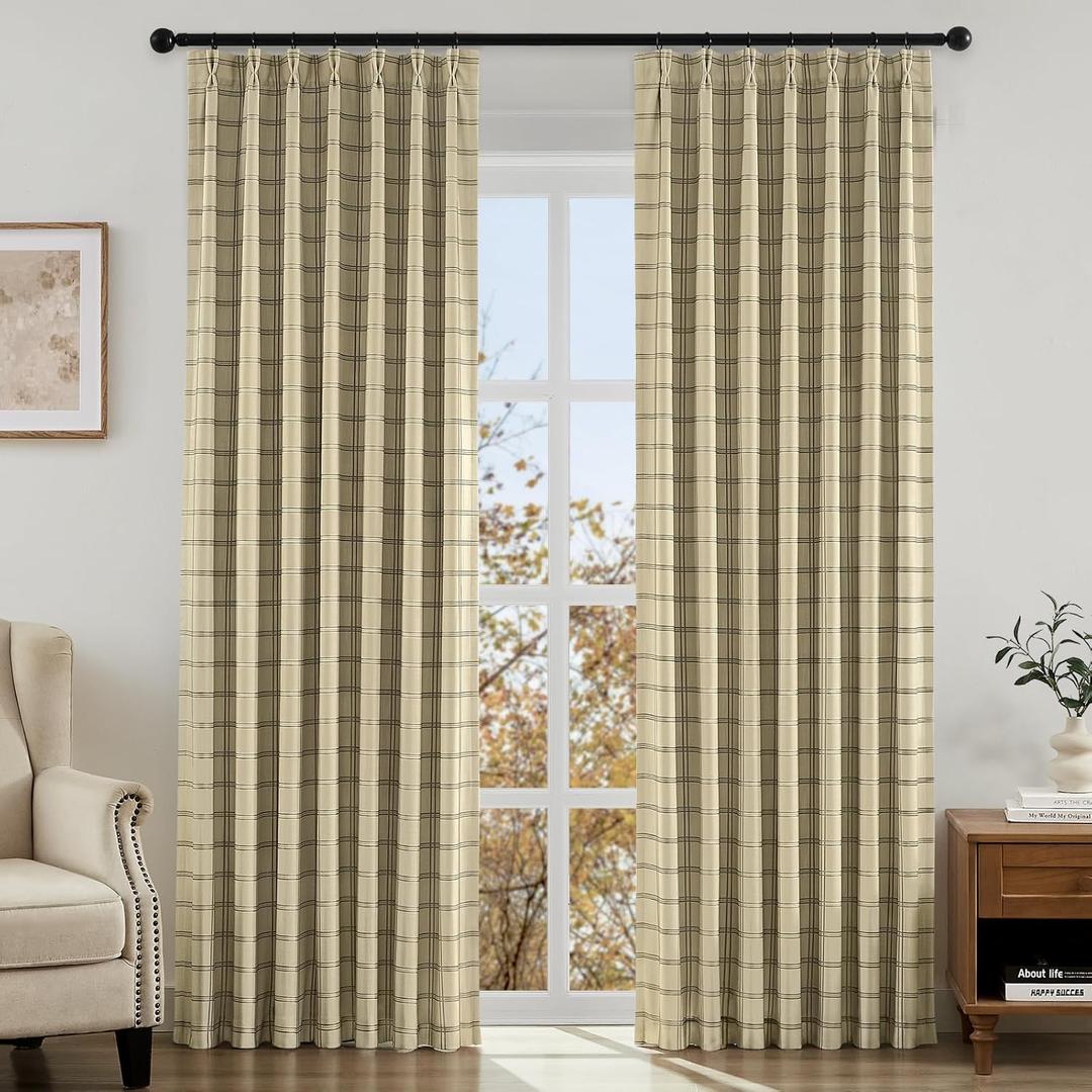 HOMEIDEAS 100% Blackout Plaid Pinch Pleated Curtains, Noise Reduction Thermal Insulated with Adjustable Hook and Rings, for Farmhouse Living Room, Bedroom, Nursery, 2 Panels, W40 X L108 Inch, Sand