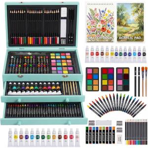 175-Pack Deluxe Wooden Art Set Drawing Painting Kit with 2 Drawing Pads, Acrylic Paints, Colored Pencils, Crayons, Paint Brush, Art Kit in Wooden Case, Gift for Artist, Adults, Teens and Kids (Blue)