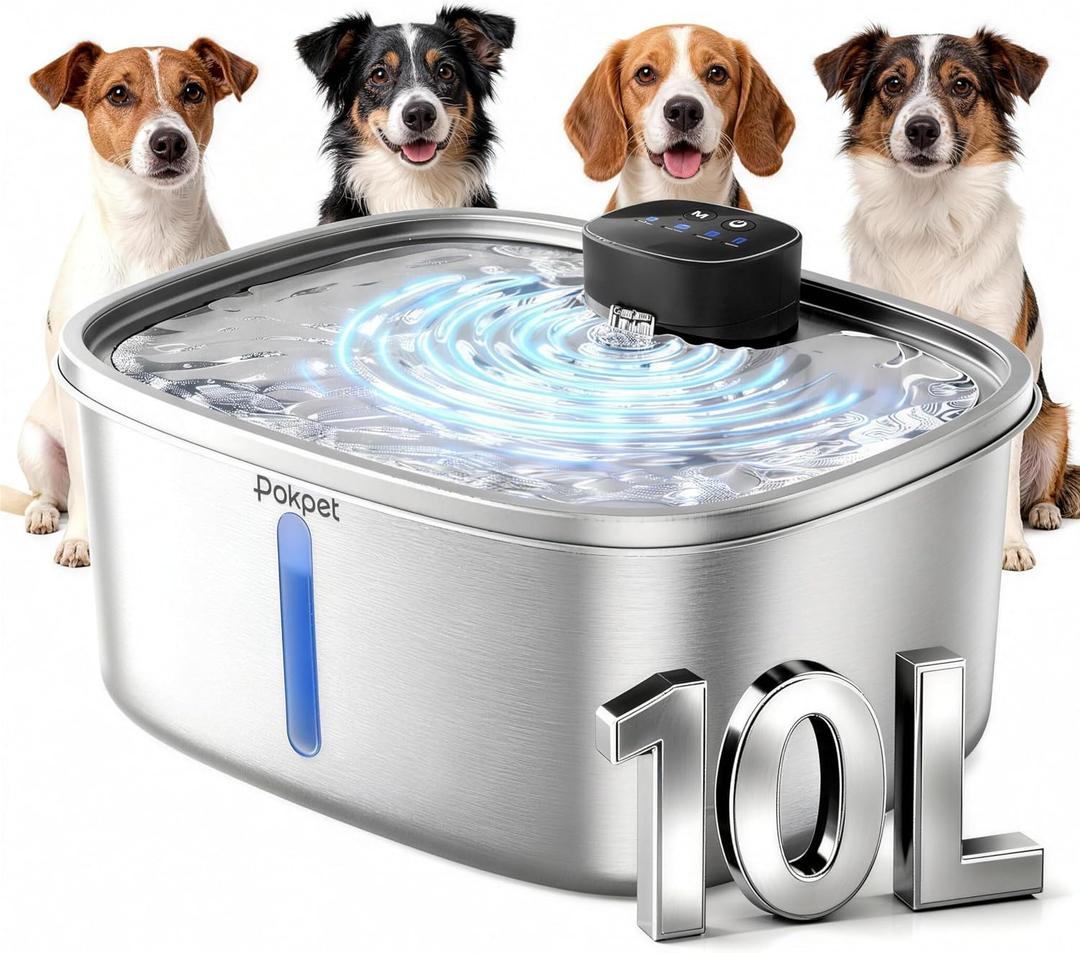 10L Dog Water Fountain, 304 Stainless Wireless Pet Fountain | 10L wireless dog water bowl for large dogs&cats, sensor flow, quiet , 4000mAh battery, 15-25 day runtime and 8 filter set