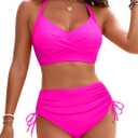 Blooming Jelly Womens High Waisted Bikini Sets Drawstring Tummy Control Swimsuits Crisscross Tie Back Bathing Suit (Large, Hot Pink)
