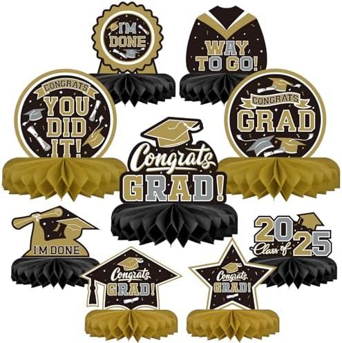 9PCS Graduation Party Decorations Class of 2025 Congrats Grad Table Centerpiece Congratulate Graduation Honeycomb Table Toppers for Graduation Party Supplies(Black）,Set of 5