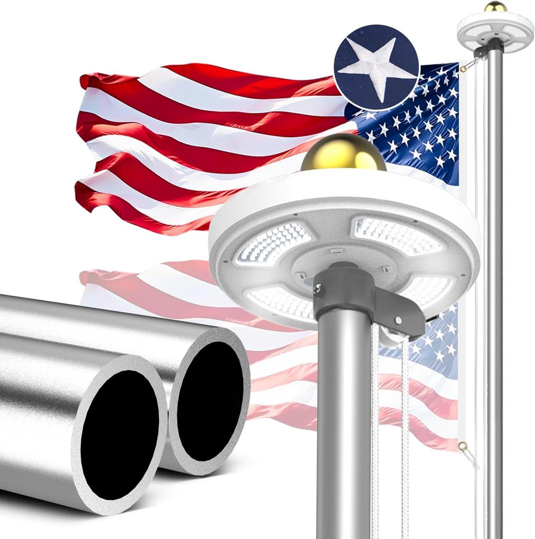 12 Gauge Flag Pole for Outside House 20 FT,100 MPH Heavy Duty Flag Pole Kit with Solar Light, Flagpoles for In Ground Use, Silver with One Flag