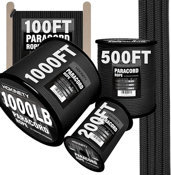 1000Ib Paracord Rope - 100ft / 200ft / 500ft / 1000ft 4mm,12 Strand Parachute Spool Cord,para Cord Lanyard for Camping,Hammock,Clothsline,Hiking,Fishing,Survival braceletand Survival - Black 200FT