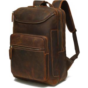 LANNSYNE Vintage Genuine Leather 16" Laptop Backpack For Men Hiking Travel Bag Camping Rucksack (Brown)