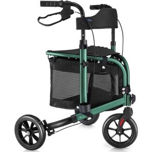WALK MATE 3 Wheel Rollator Walker with Seat for Slim Seniors, Padded Backrest Lightweight Foldable Walker Ideal for Elderly, 8 Inch Tri-Wheel Modern Mobility Walking Aid Aluminum, Green