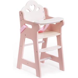 ROBOTIME High Chair for Pretend Play, Wooden Baby Doll Furniture with Safety Belt and Footrest, Fits 18 Inch Dolls, Gift for Ages 3+, White/Pink