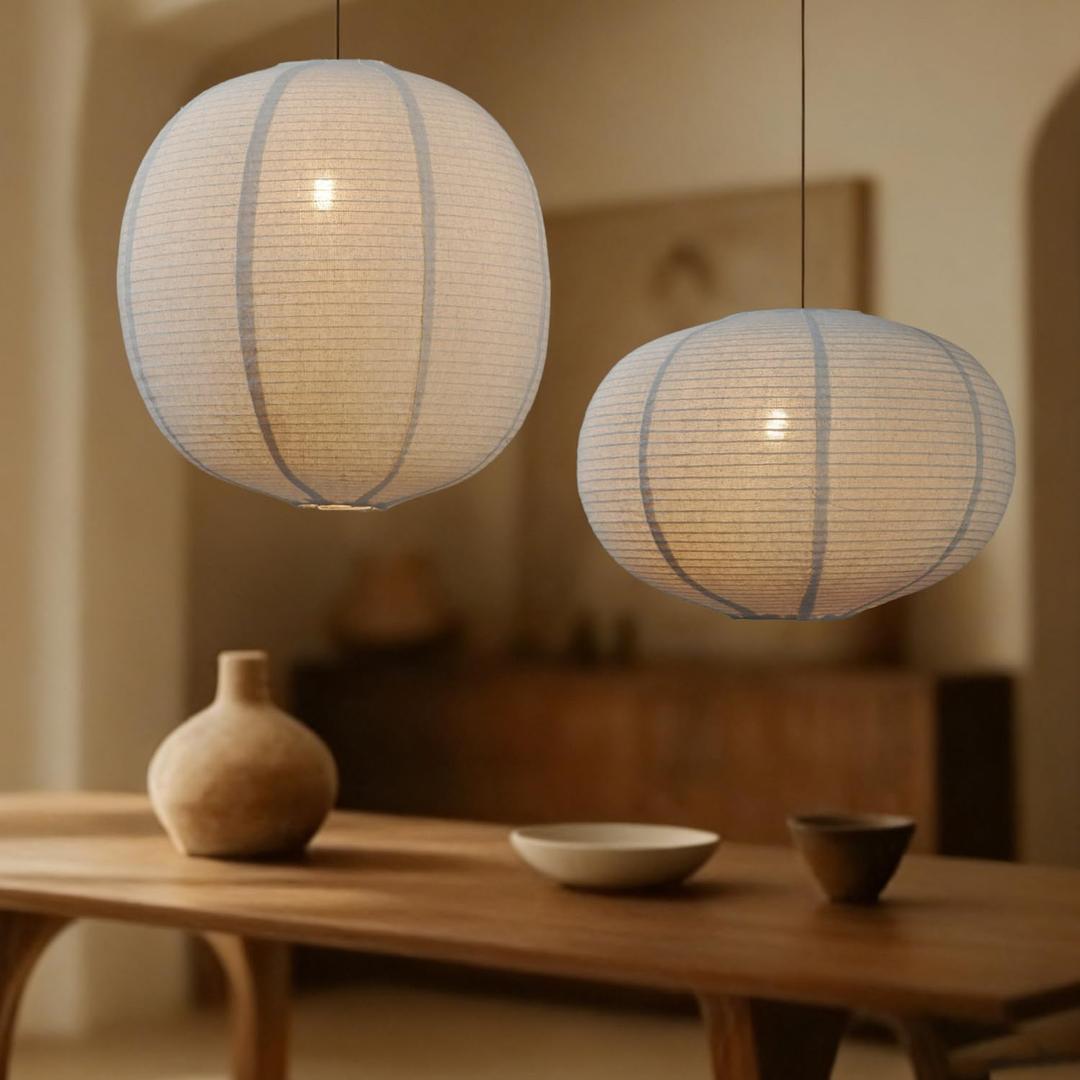 2 Pack Pendant Lamp Shades, 16 Inch Linen Hanging Light Shades, Oval and Round Lantern Shade Covers, Beige Fabric Boho Japandi Minimalist Decor, Shades Only for Bedroom, Living Room (beige)