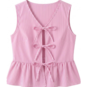 Avanova Women Tie Front Tank Tops Striped Peplum Blouse Pink, Large