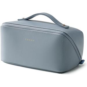 EACHY Travel Makeup Bag, Large Capacity Cosmetic Bag for Women, Waterproof PU Leather, Flat Open Portable Toiletry Bag for Skincare, Brushes & Travel Essentials (Medium, AJ-Blue)